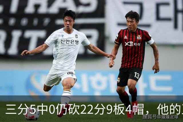 三分5中0仍砍22分9板4帽，他的正负值+14全场最高